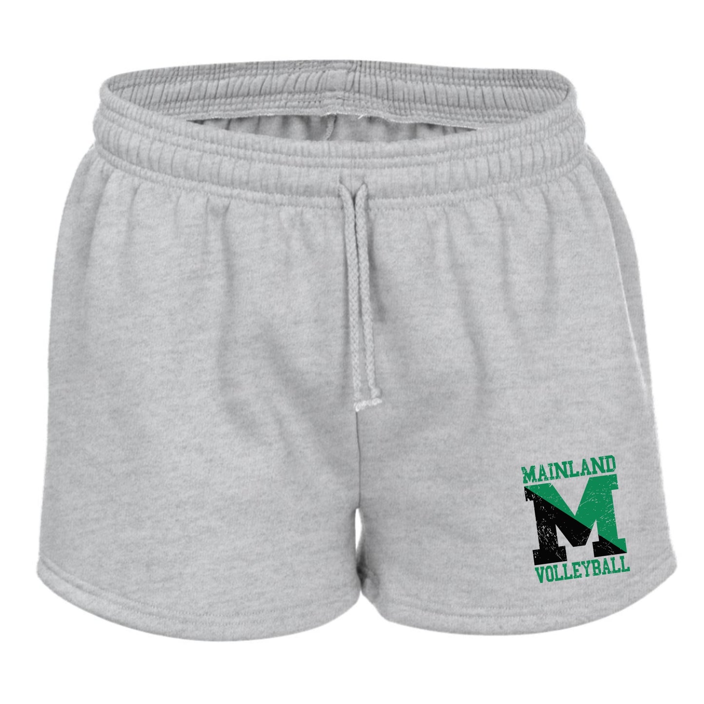 Gray shorts with a school logo on a white background