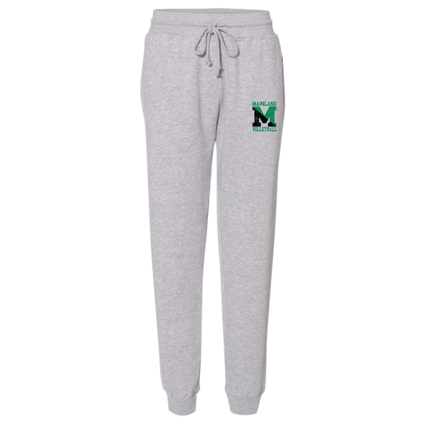 Gray sweatpants with a logo on the leg against a white background