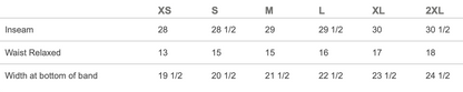 Size chart for ladies pants with sizes XS to 2XL, including inseam, waist relaxed, and width at the bottom of the band.