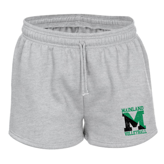 Gray shorts with a school logo on a white background