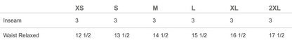 Size chart for ladies shorts displaying inseam and waist relaxed measurements for sizes XS to 2XL.